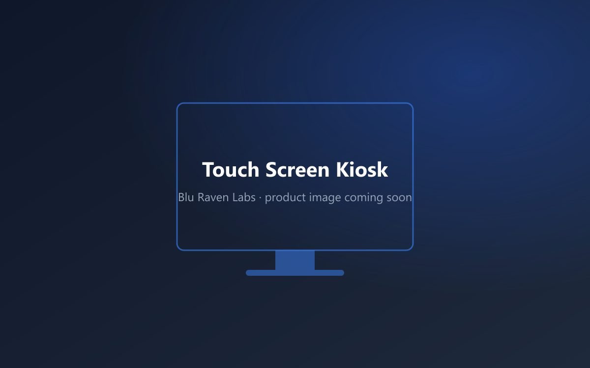 Floor-standing interactive touch screen kiosk being used for self-service wayfinding in a lobby